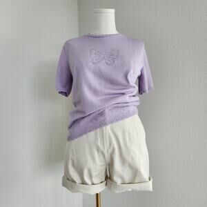 Vintage 90s Alfred Dunner Lilac Knit Butterfly Sweater Top Petite Large PL USA